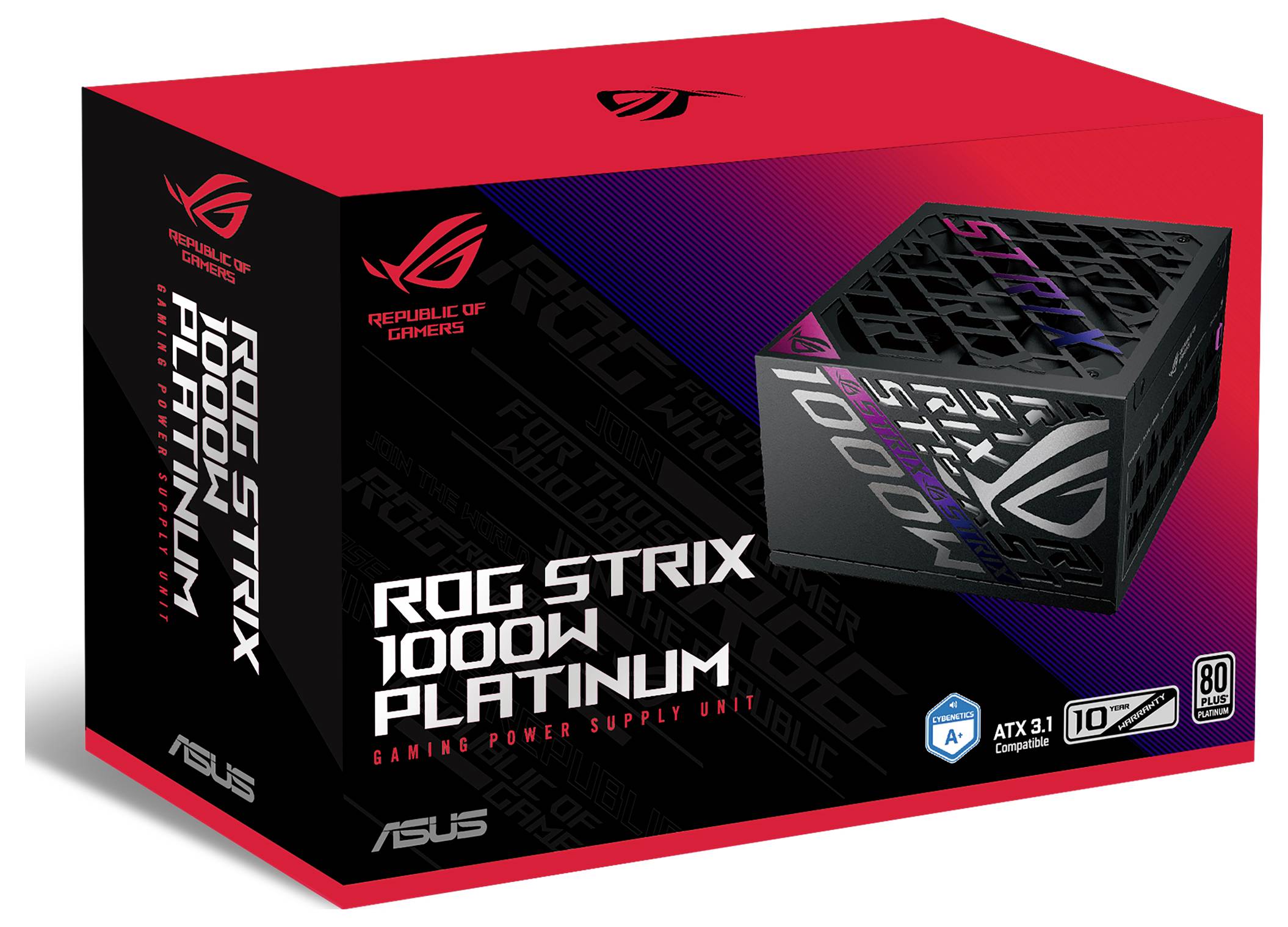 'ROG Strix 1000W Platinum' Netzteilverpackung, mit Features wie 80 PLUS Platinum-Zertifizierung, 10 Jahre Garantie und ATX 3.1 Unterstützung.