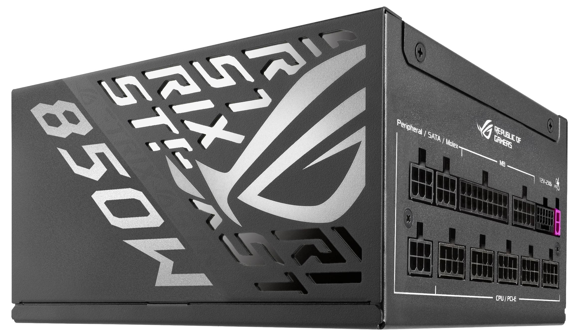 Ein schwarzes PC-Netzteil mit dem Schriftzug '850 W'. Mehrere Anschlussmöglichkeiten auf der Vorderseite.