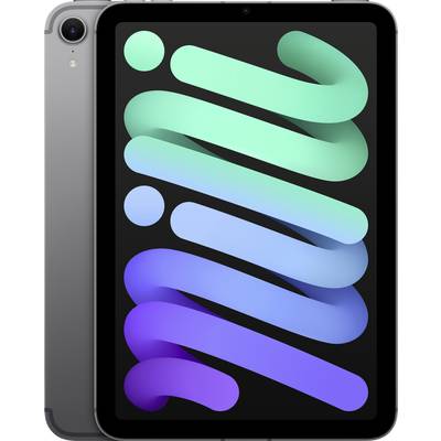 Tablet mit schwarzem Bildschirm, darauf bunte, geschwungene Linien in Grün- und Blautönen. Das Gehäuse ist dunkelgrau.