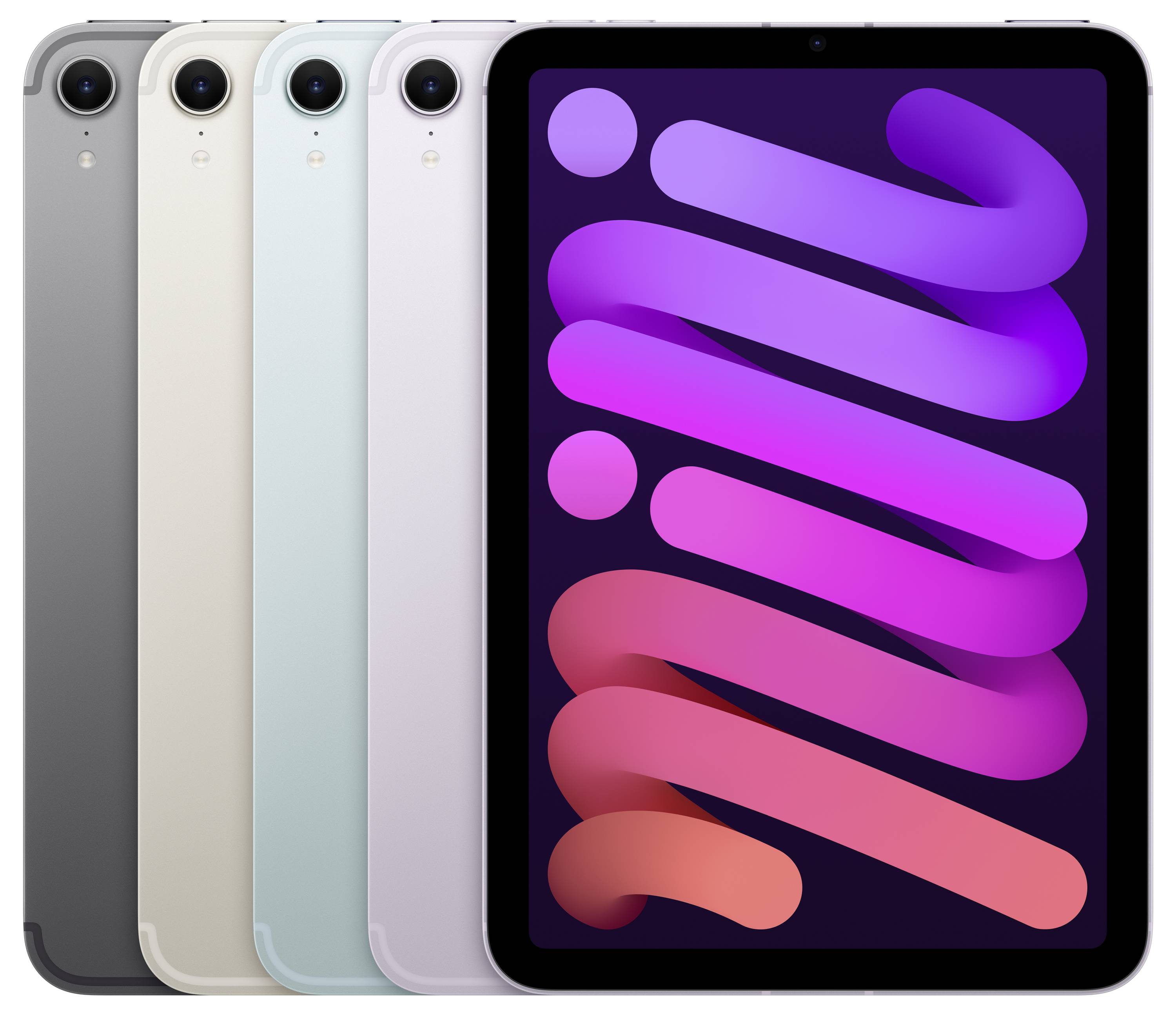 Fünf Tablets nebeneinander, in verschiedenen Farben, mit einem Display, das ein buntes Muster zeigt.