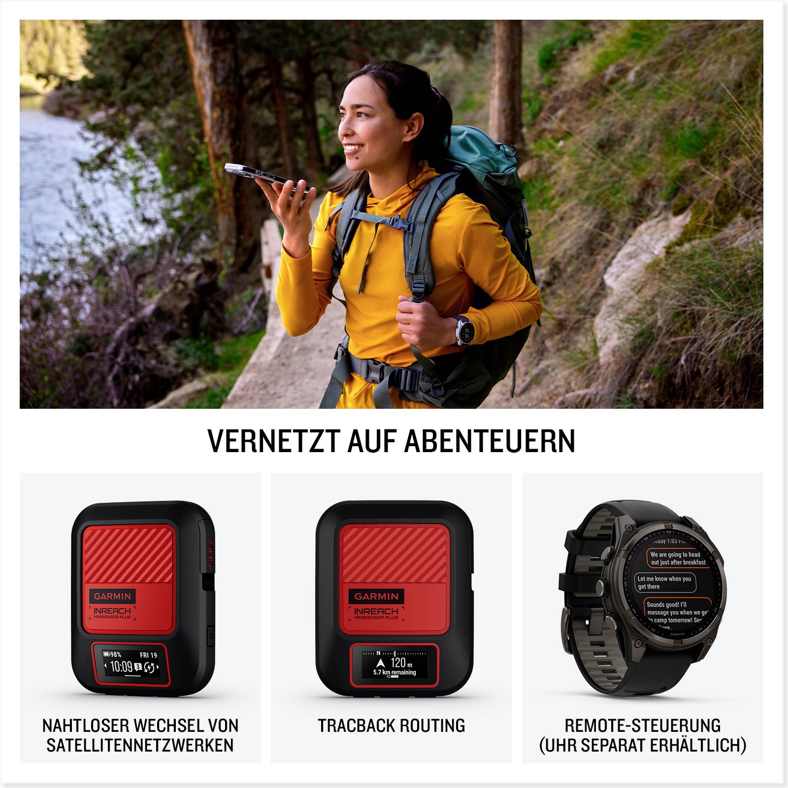 Eine Person wandert mit einem Smartphone und einer Smartwatch. Darunter Bilder von Geräten für Satellitennetzwerke, Trackback-Routing und Remote-Steuerung. Text: 'Vernetzt auf Abenteuern'.