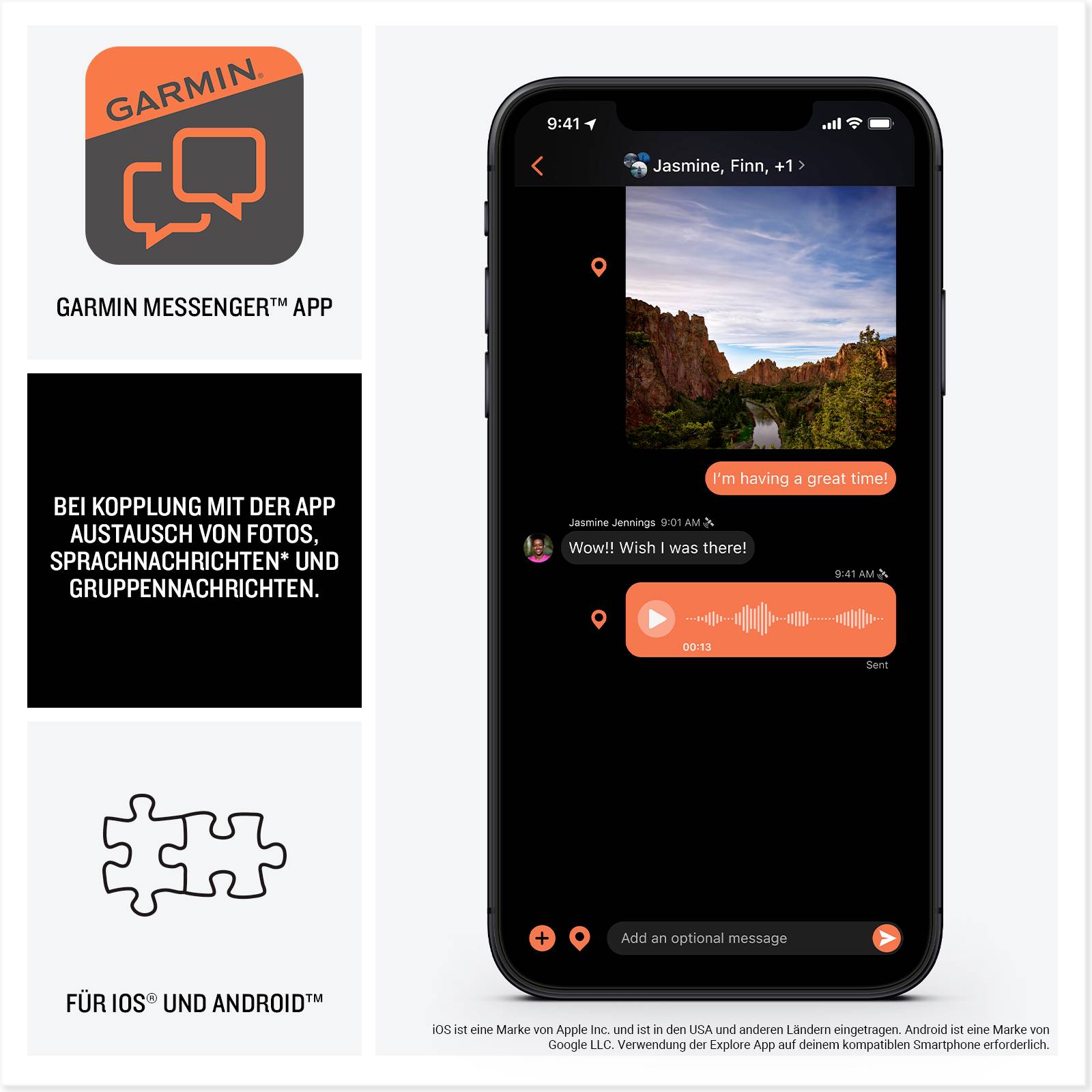 Auf einem Smartphone-Bildschirm ist ein Chat mit Nachrichten und einem Foto einer Landschaft zu sehen. Text auf der linken Seite bewirbt die Garmin Messenger App.