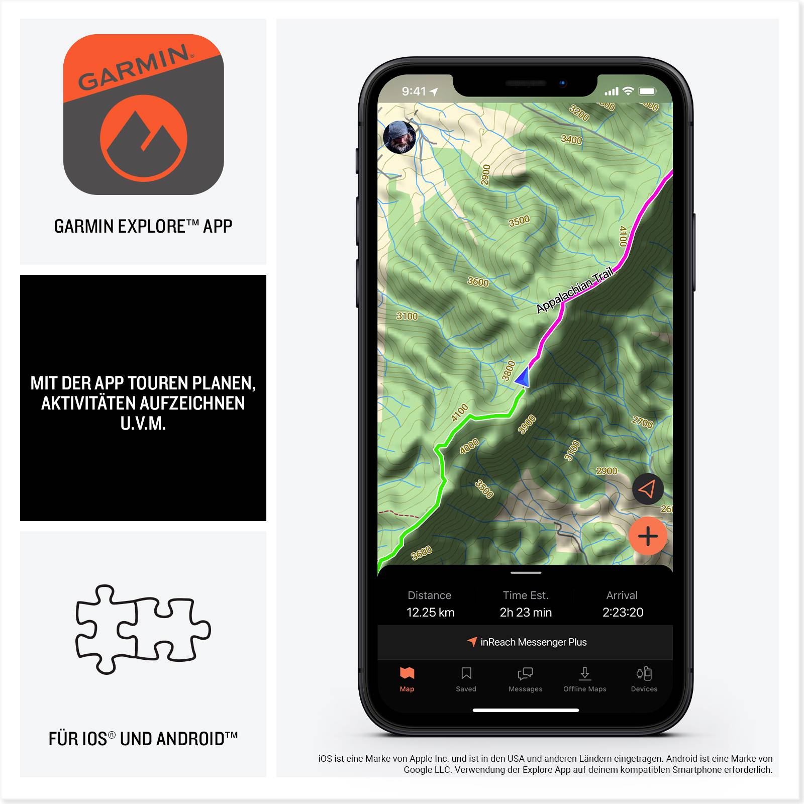 'Garmin Explore' App-Bildschirm zeigt Kartenansicht mit markierter Route, Entfernung und Zeit. Werbung für Tourenplanung auf iOS und Android.