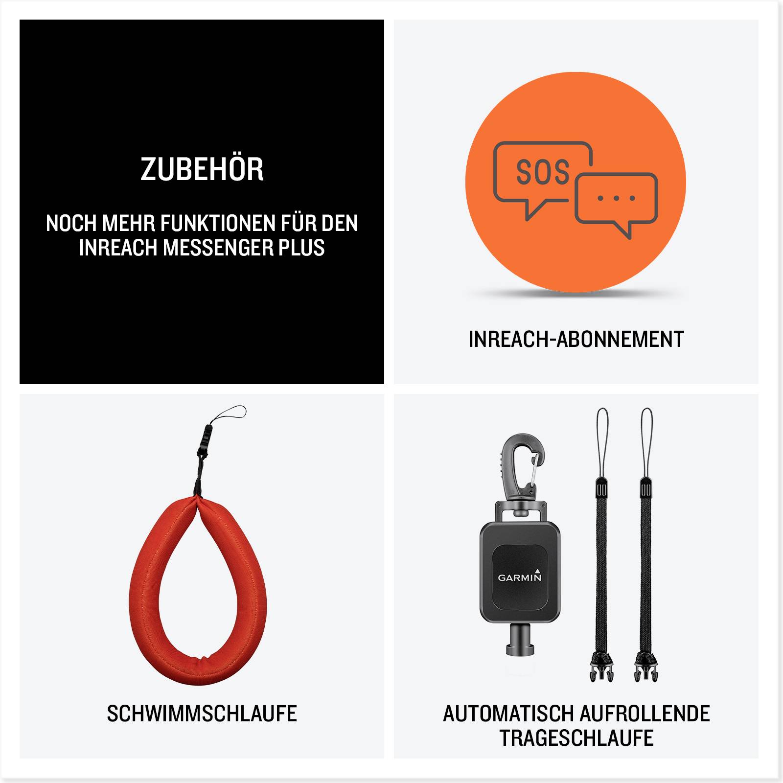 Zubehörbild mit vier Feldern: 'InReach-Abonnement', Schwimmschlaufe, Automatisch aufrollende Trageschlaufe.