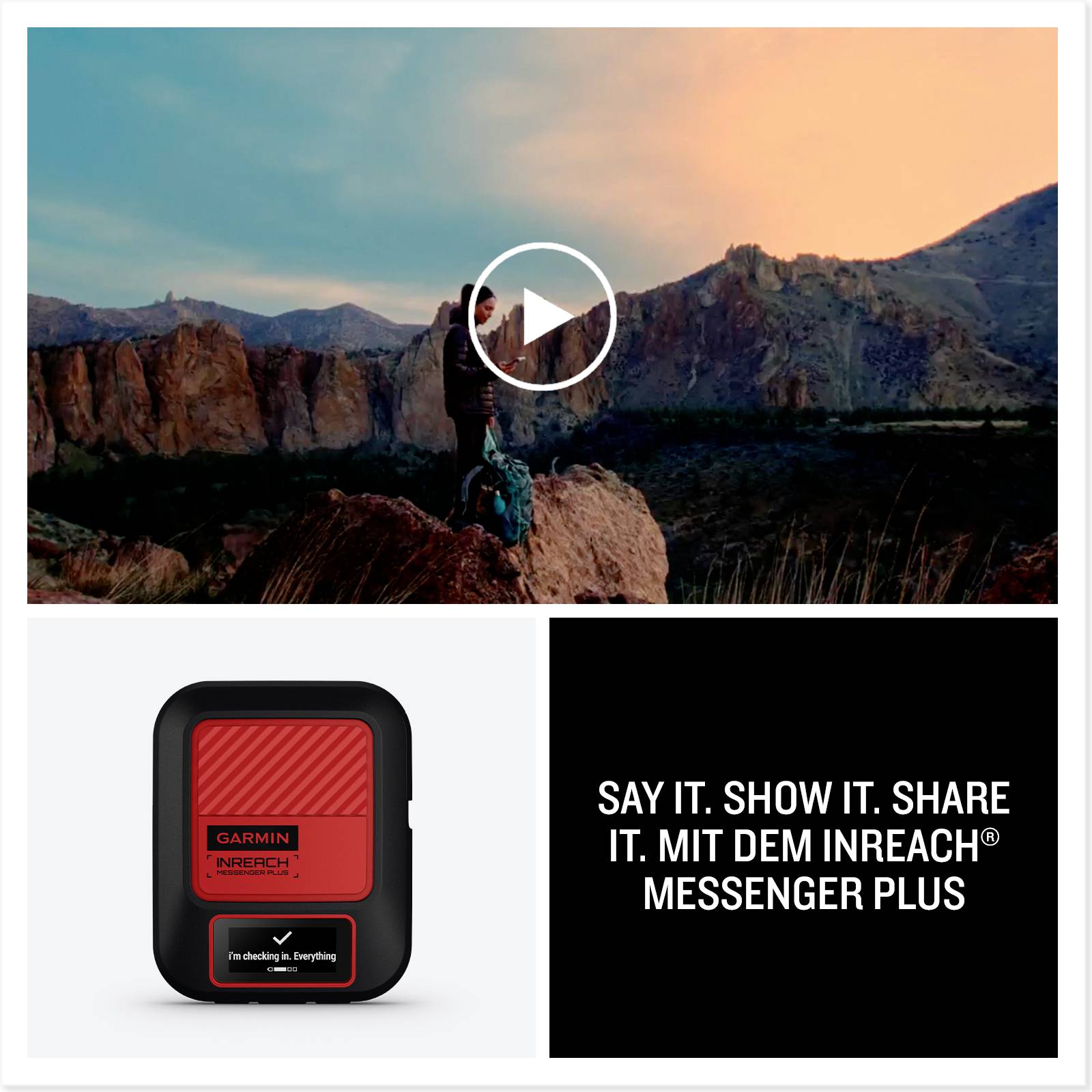 Ein Paar steht bei Sonnenuntergang in den Bergen. Darunter ein Garmin InReach-Gerät und Text: 'Say it. Show it. Share it. Mit dem InReach Messenger Plus'.
