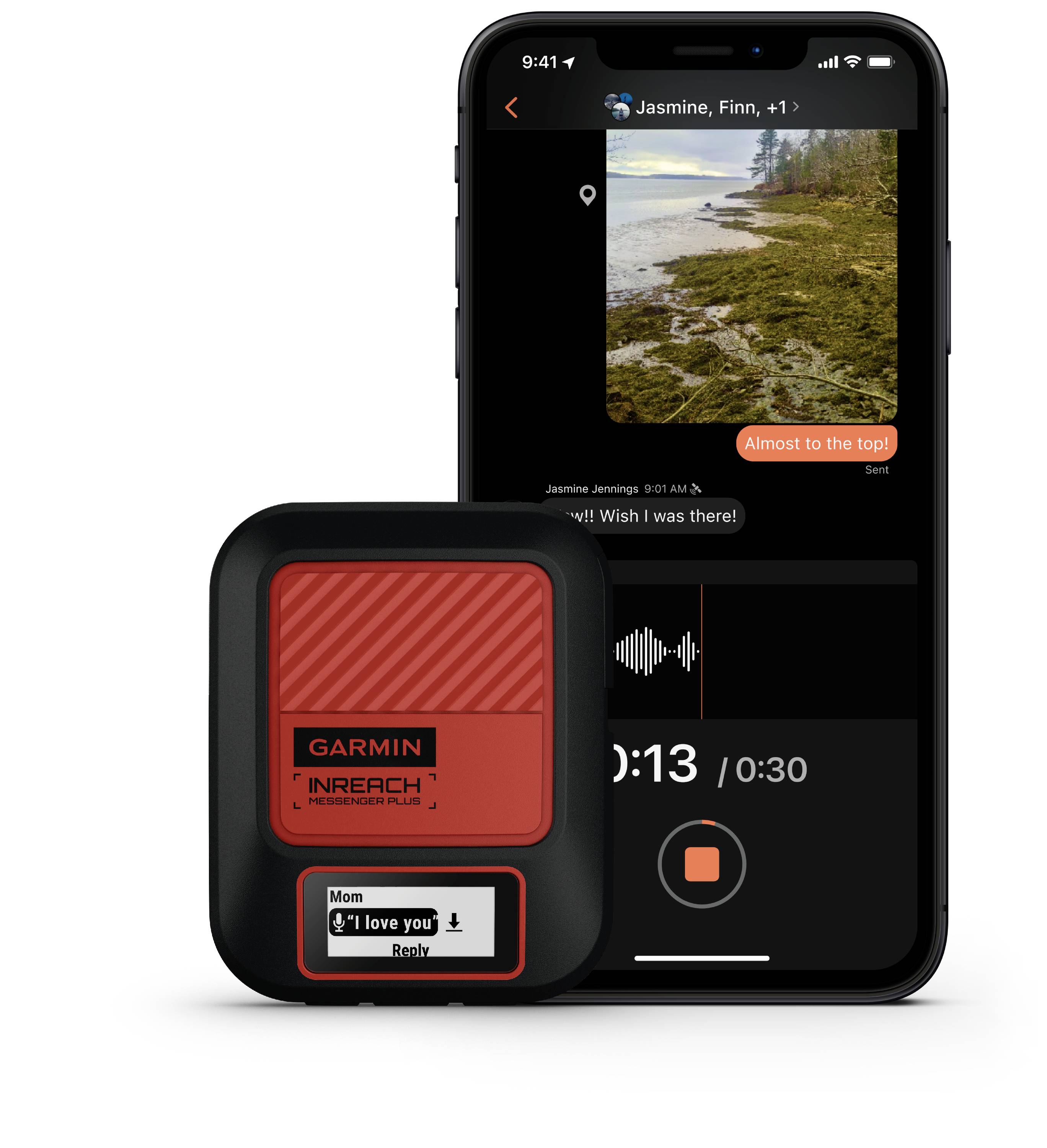 Ein rotes Garmin InReach Gerät zeigt die Nachricht 'I love you'. Daneben ein Smartphone mit einer Nachrichten-App und einem Naturfoto.