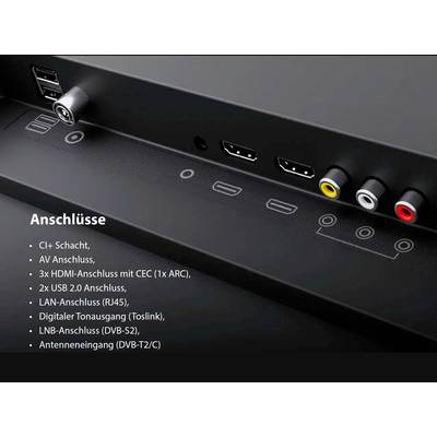 'Anschlüsse' zeigt diverse Anschlussmöglichkeiten: CI+-Schacht, AV, drei HDMI, zwei USB 2.0, LAN (RJ45), Toslink, DVB-S2 und Antenneneingang.