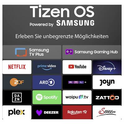 Gitter von Streaming-Service-Logos auf Tizen OS, einschließlich Netflix, Disney+ und Spotify, das vielfältige Unterhaltungsoptionen zeigt.