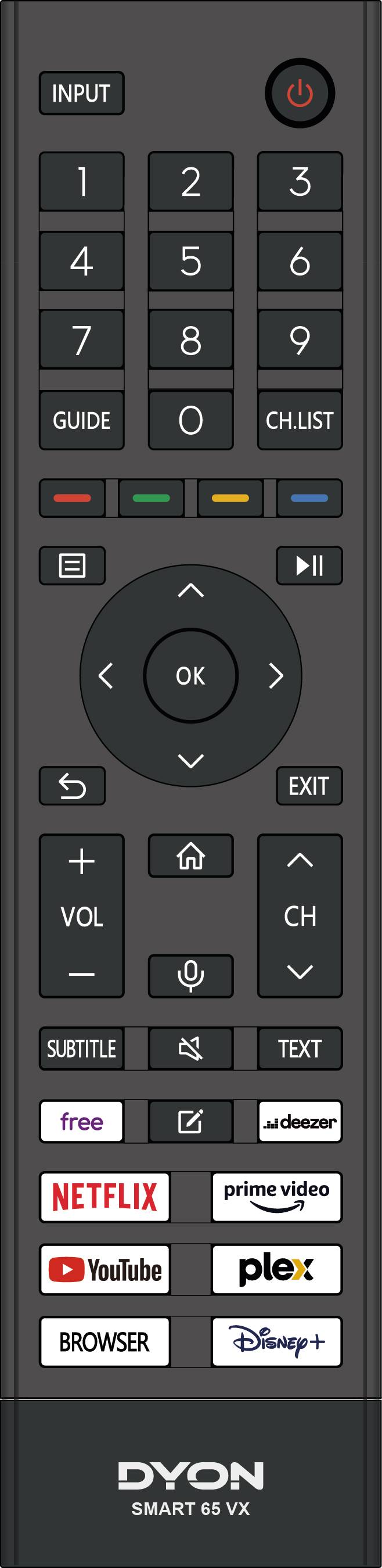Fernbedienung der Marke DYON mit Tasten für TV-Steuerung, Lautstärke, Programme, sowie Streaming-Dienste wie Netflix, YouTube und Disney+.
