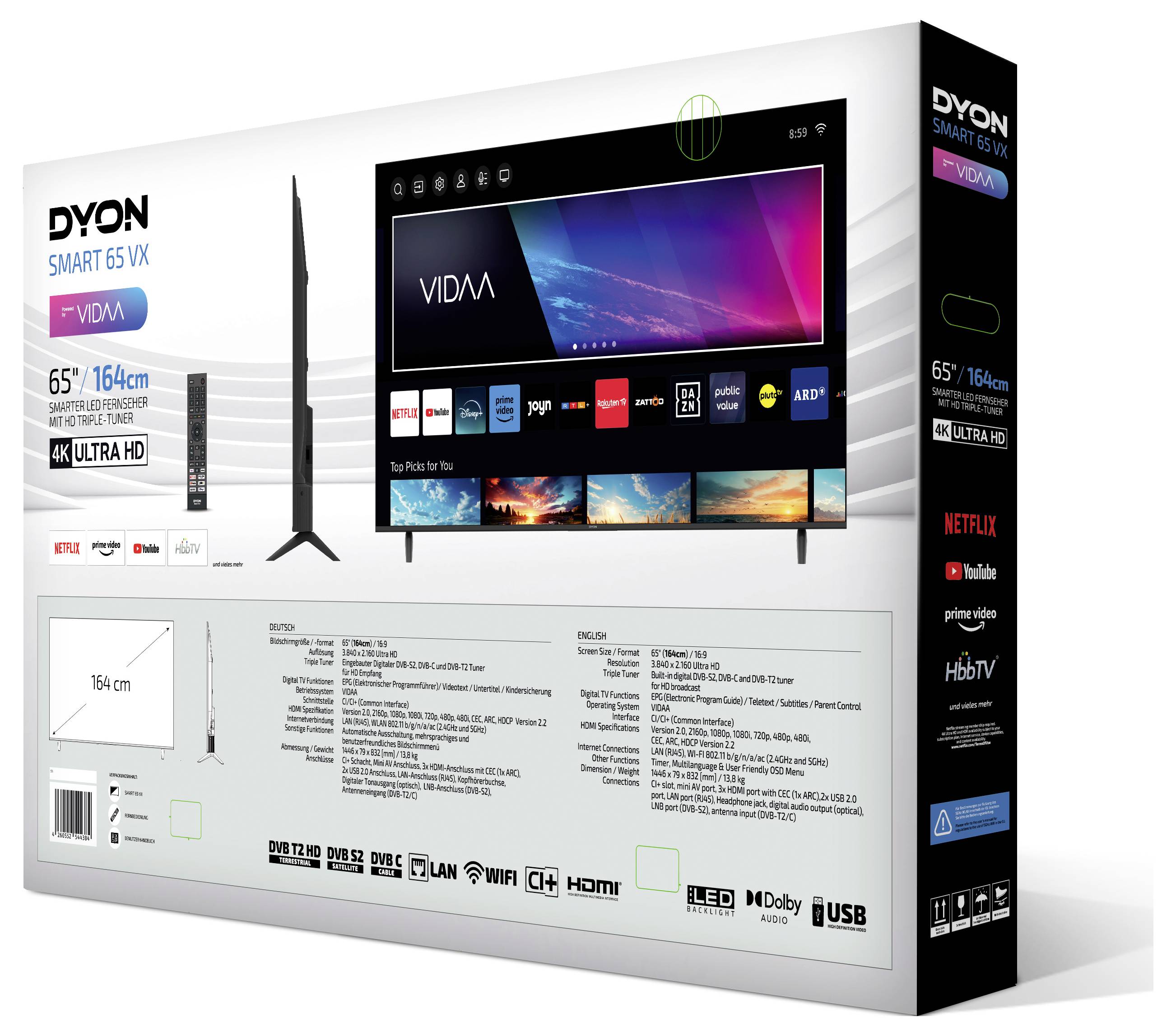 Die Verpackung eines Dyon Smart TV 65 Zoll, Modell 65 VX, zeigt ein Bild des Fernsehers mit VIDAA-Interface, Streaming-Apps und technischen Spezifikationen.