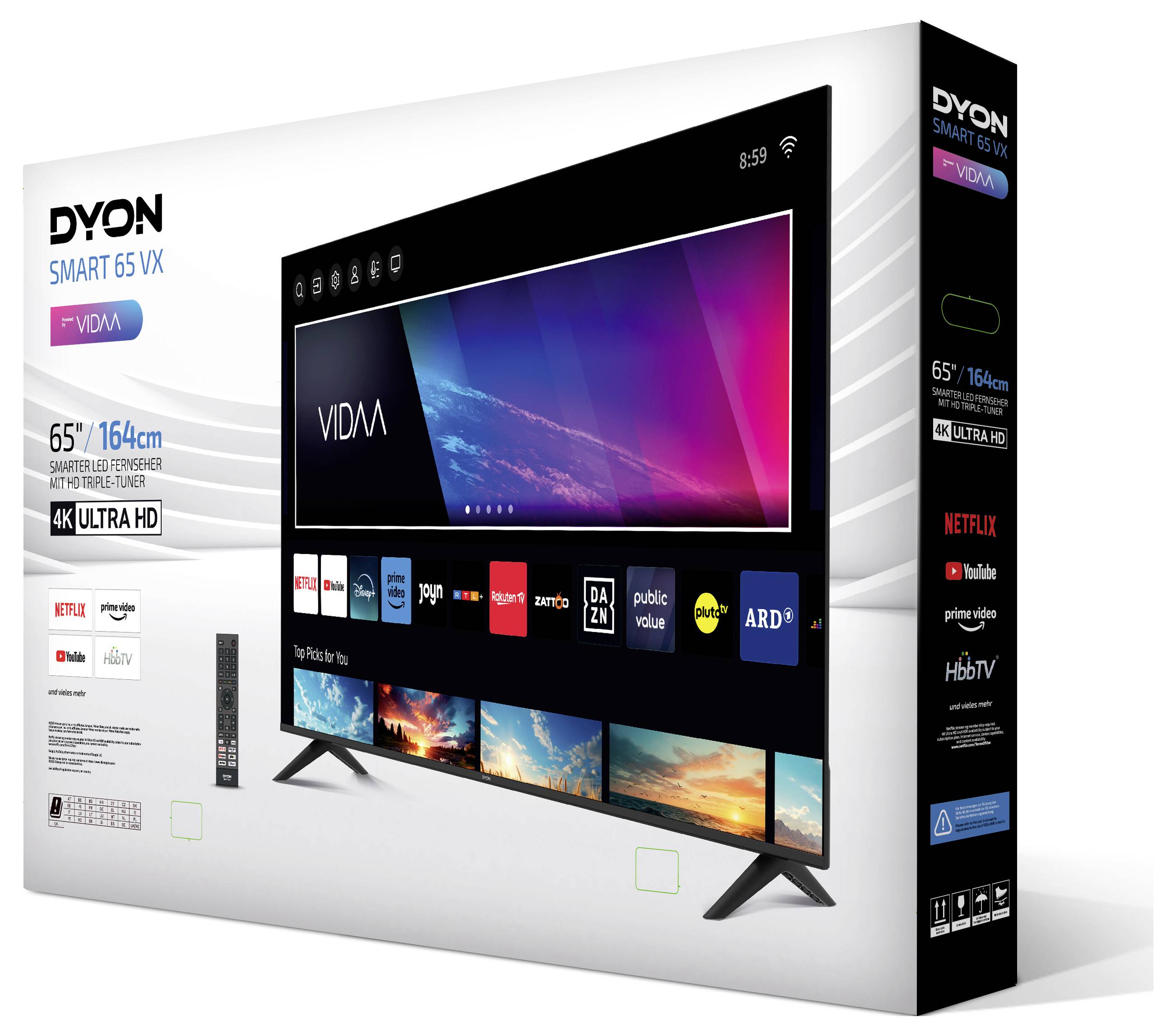 Die Verpackung eines 65-Zoll UHD-Smart-TVs mit Darstellung des Geräts, seines Standfußes und Symbole für Apps wie Netflix und YouTube.