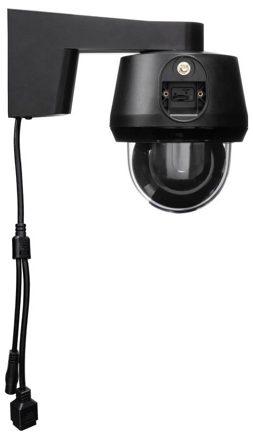 Schwenk- und neigbare Überwachungskamera mit schwarzem Gehäuse. Kabel ragen nach unten ab. Geeignet für Sicherheitsüberwachung.