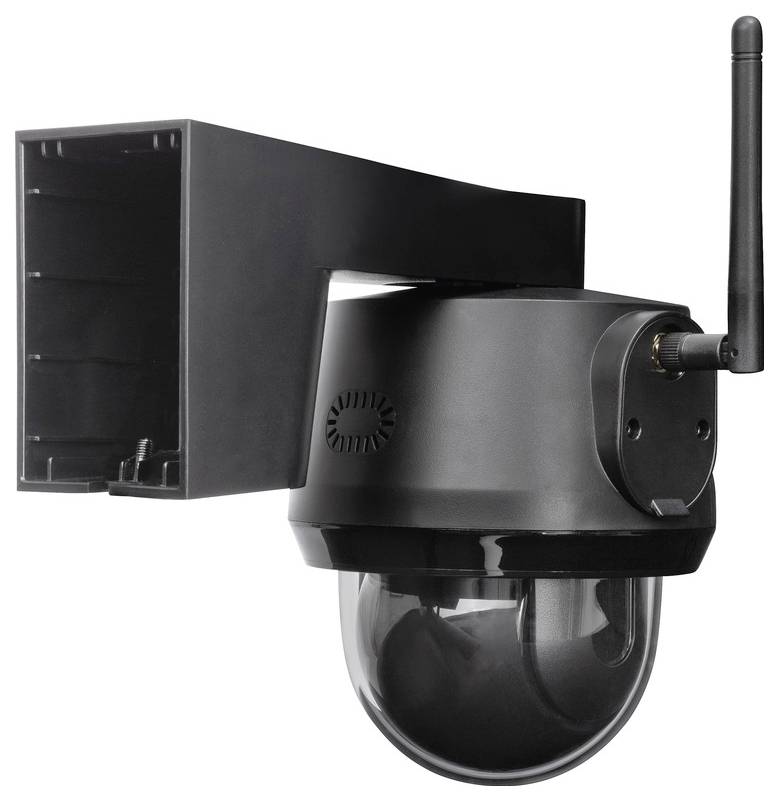 Schwarze Überwachungskamera mit Antenne, montiert auf einem verstellbaren Arm.