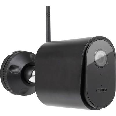 Eine schwarze Überwachungskamera mit Antenne, montiert an einer Wandhalterung.
