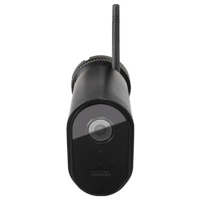 Eine schwarze Überwachungskamera mit Antenne, frontal dargestellt, geeignet für den Außenbereich.