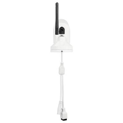 Webkamera mit Antenne und mehreren Kabeln, darunter USB-Verbindungen. Die Kamera ist schwenkbar und geeignet für Überwachungszwecke.