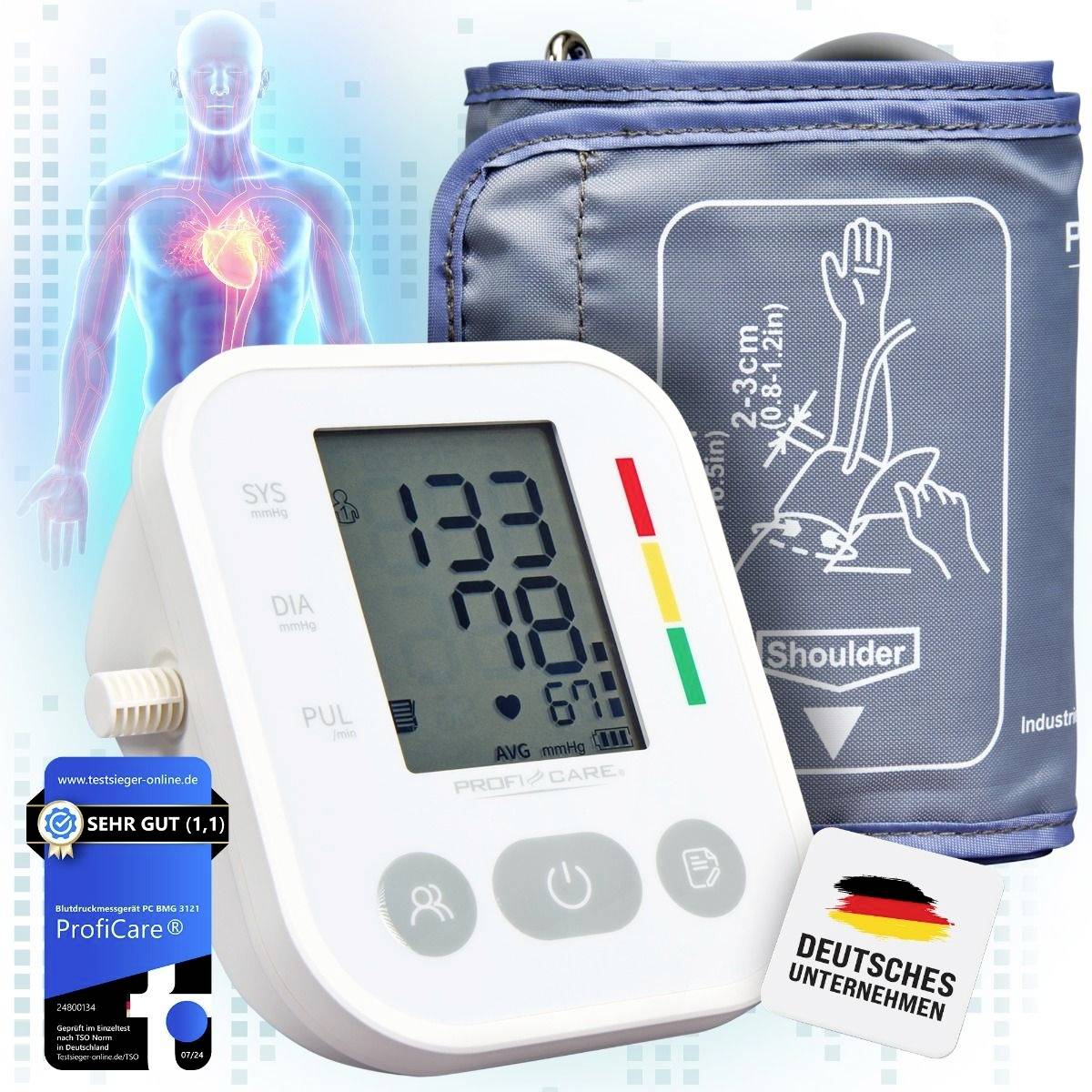 Elektronisches Blutdruckmessgerät mit digitalem Display zeigt Blutdruckwerte. Manschette daneben. Aufkleber lobt 'sehr gute' Qualität.