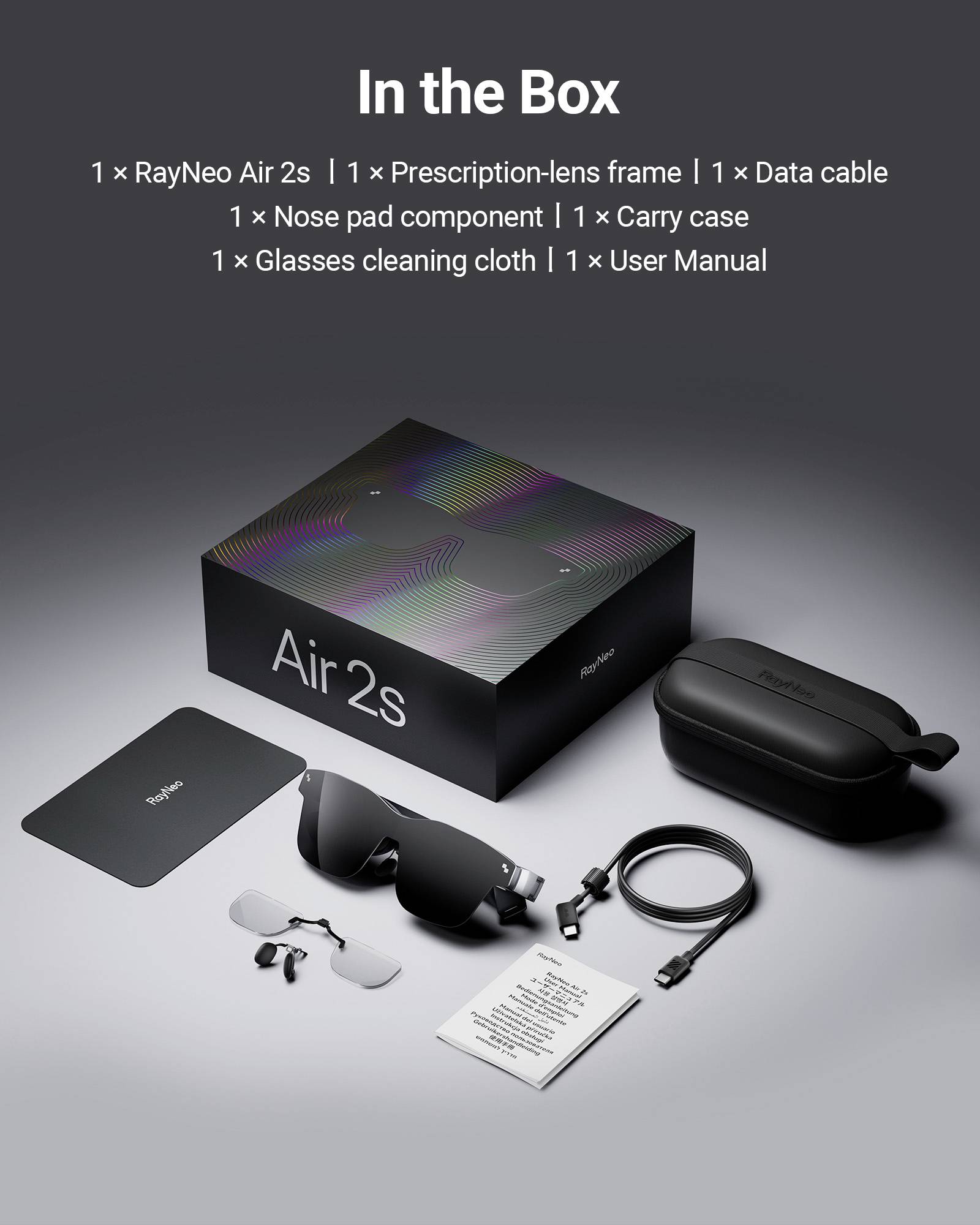 Verpackungsinhalt: RayNeo Air 2s, Gestell für Korrekturgläser, Datenkabel, Nasenpolster, Tragetasche, Brillenputztuch, Benutzerhandbuch.