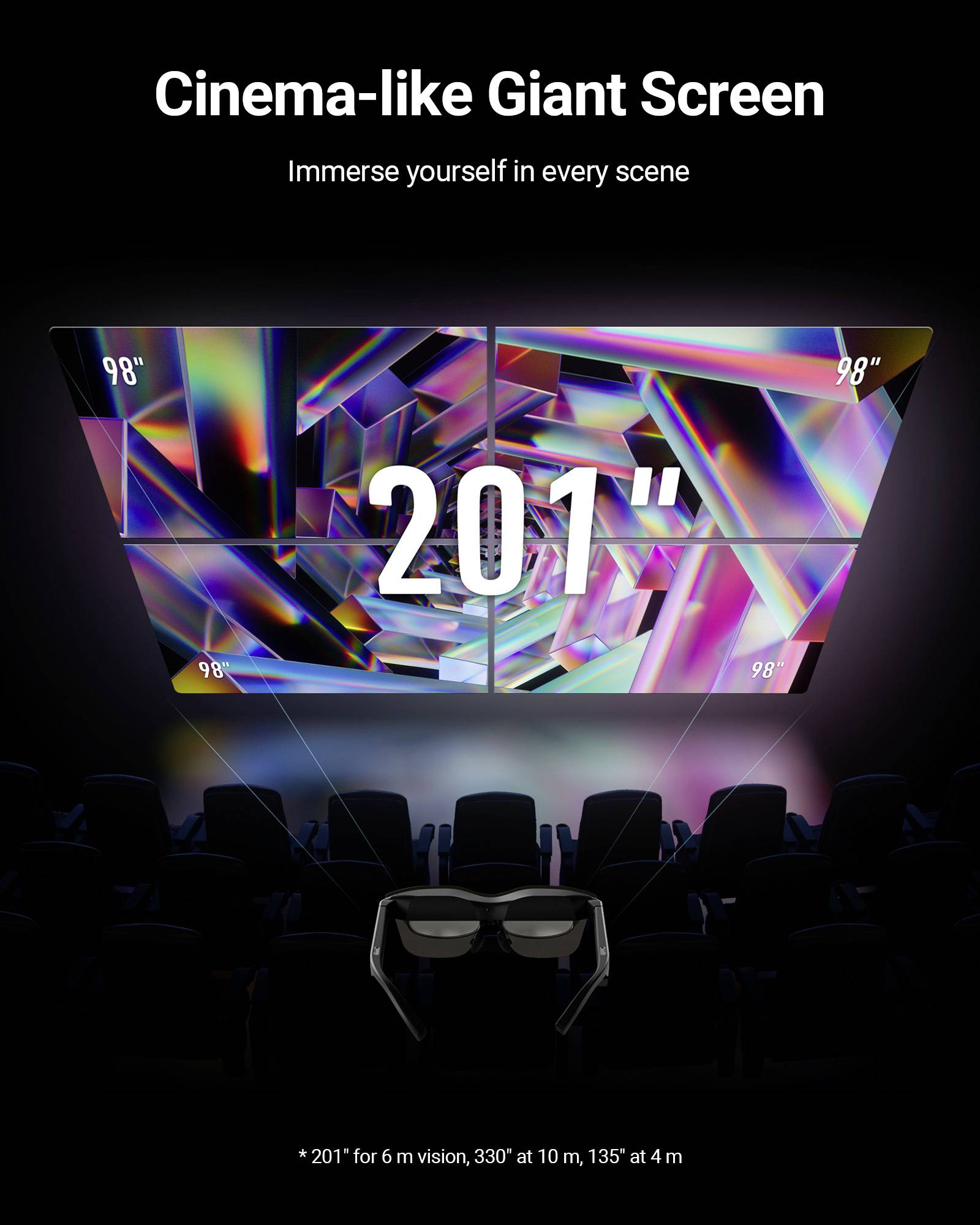 '201-Zoll-Leinwand in Kinoqualität, immersives Erlebnis' zeigt ein großes Display in einem Kinosaal mit 3D-Brille im Vordergrund.