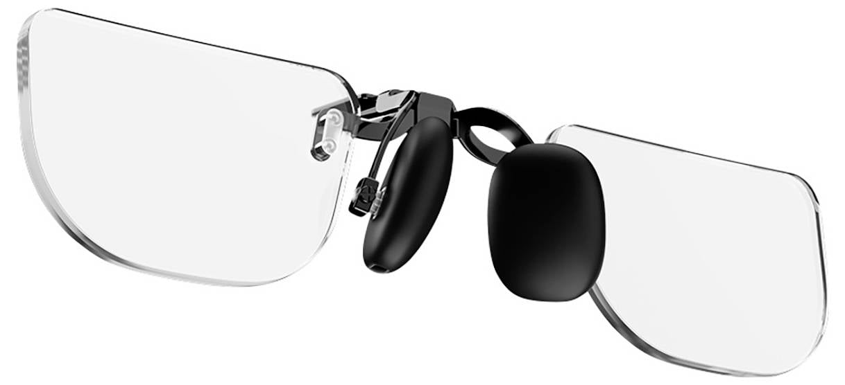 Eine sportliche, halbrandlose Brille mit klaren Gläsern und schwarzen Nasenpads, geeignet für Aktivitäten im Freien.