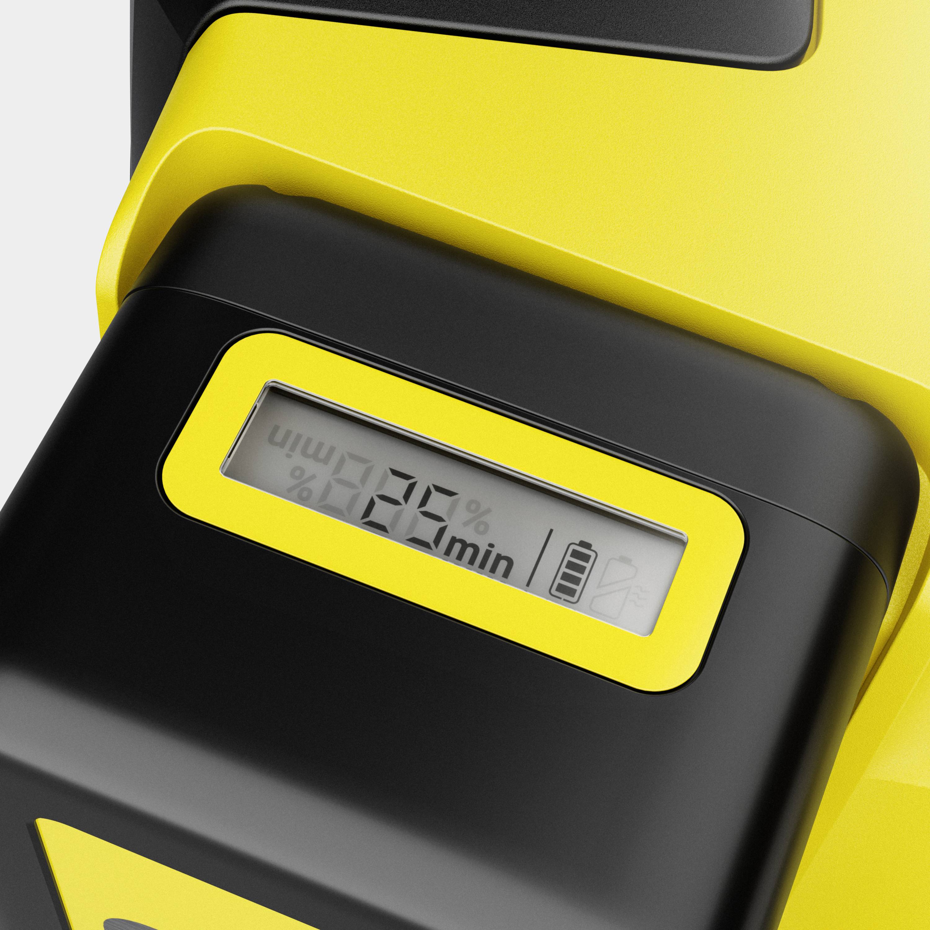 Digitalanzeige auf einem gelben Gerät zeigt '85%' und ein Batteriesymbol an, das den Ladezustand eines Akkus darstellt.