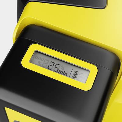 Digitalanzeige auf einem gelben Gerät zeigt '85%' und ein Batteriesymbol an, das den Ladezustand eines Akkus darstellt.