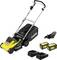 Rasenmäher mit klappbarem Griff, zwei Akkus, Ladegerät und Mulchkit, geeignet für mittelgroße Gärten, gelb-schwarzes Design.
