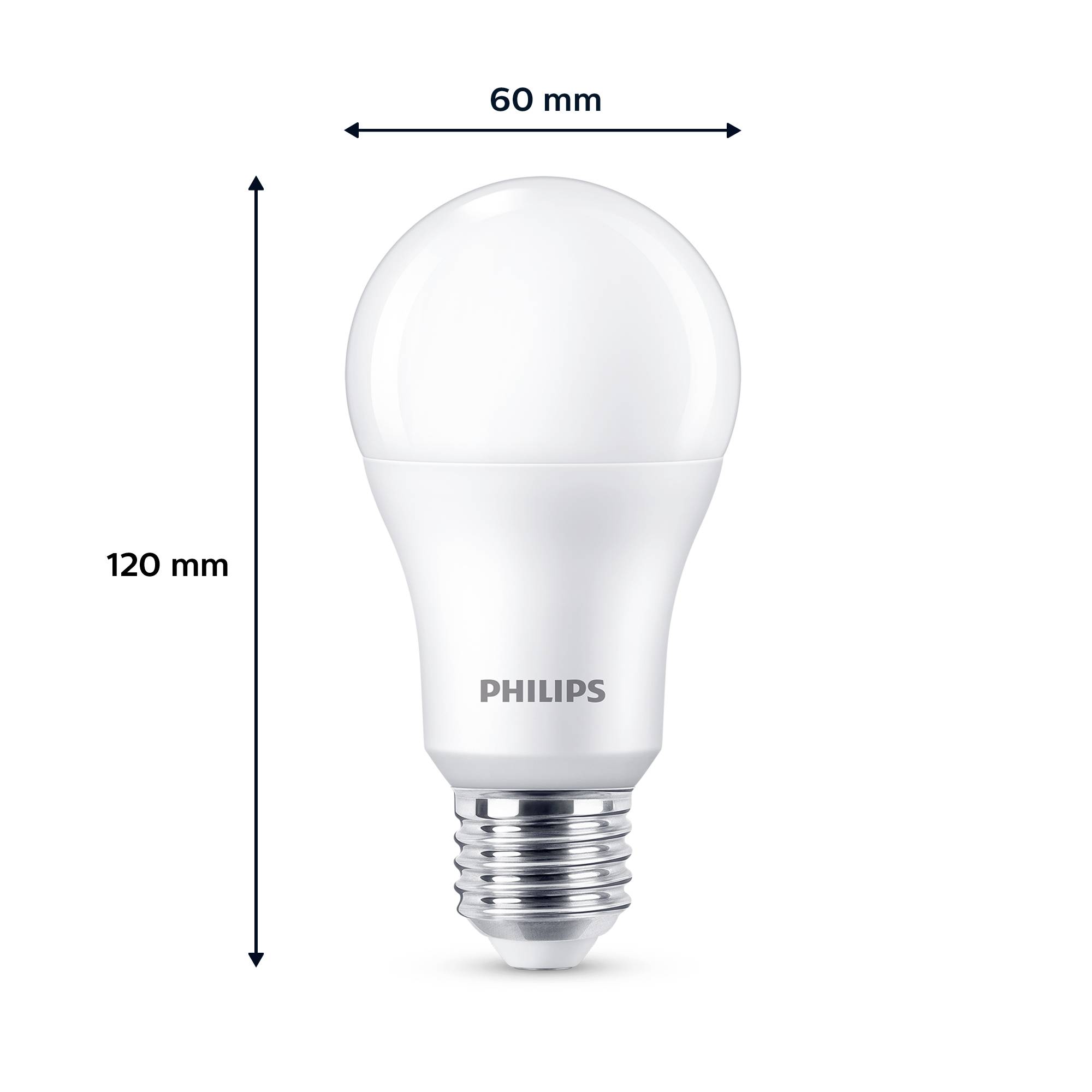 Eine LED-Glühbirne mit E27-Sockel. Maße angezeigt: Höhe 120 mm, Durchmesser 60 mm. Marke 'Philips' aufgedruckt.