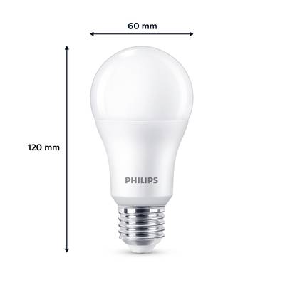Eine LED-Glühbirne mit E27-Sockel. Maße angezeigt: Höhe 120 mm, Durchmesser 60 mm. Marke 'Philips' aufgedruckt.