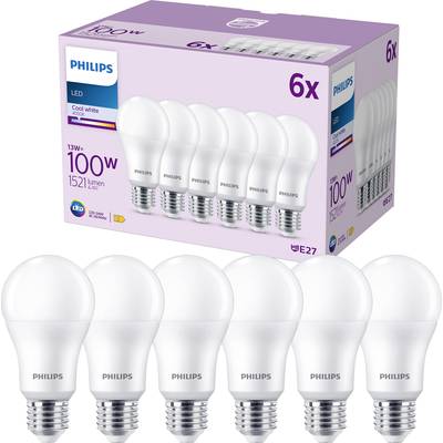 Sechs LED-Glühbirnen von Philips, 13W entspricht 100W, kaltweiß, 1521 Lumen, E27 Anschluss. Verpackung zeigt Produktdetails.