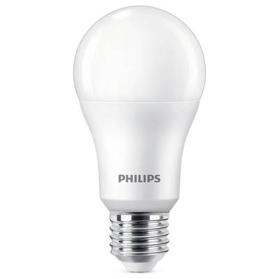 Eine weiße LED-Glühbirne der Marke Philips mit E27-Sockel, geeignet für energieeffiziente Beleuchtung.