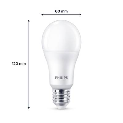 LED-Glühbirne von Philips mit E27-Fassung, 120 mm hoch und 60 mm breit, ideal für Standardleuchten geeignet.