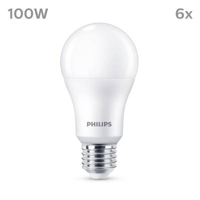 LED-Glühbirne von Philips, 100W, weiße Fassung, abgebildet vor weißem Hintergrund; Set mit 6 Stück.