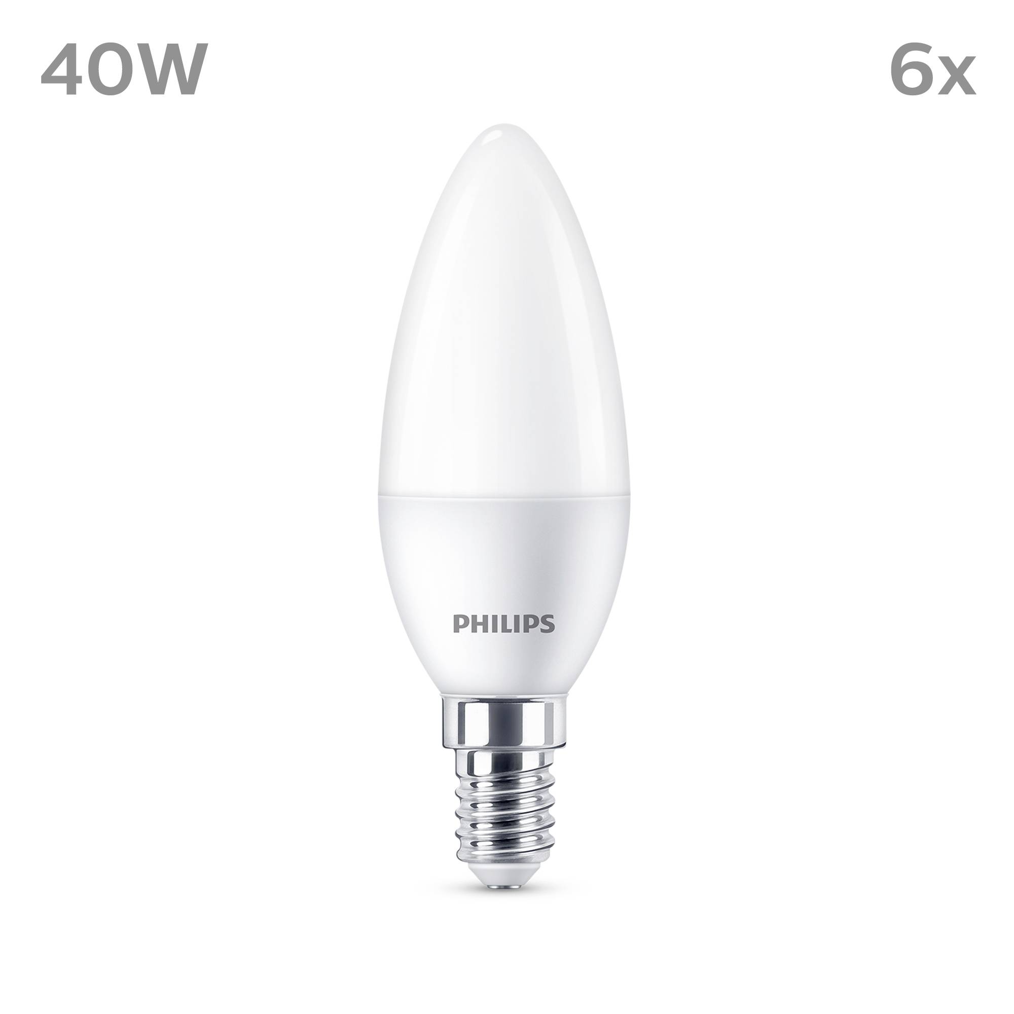 LED-Kerzenlampe, Marke 'Philips', weiße Fassung, E14-Sockel, 40 Watt, Packung mit 6 Stück.