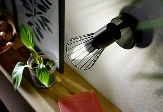 Eine schwarze Wandlampe beleuchtet ein Regal mit einer kleinen grünen Pflanze in einem Glas, daneben liegt ein rotes Buch.