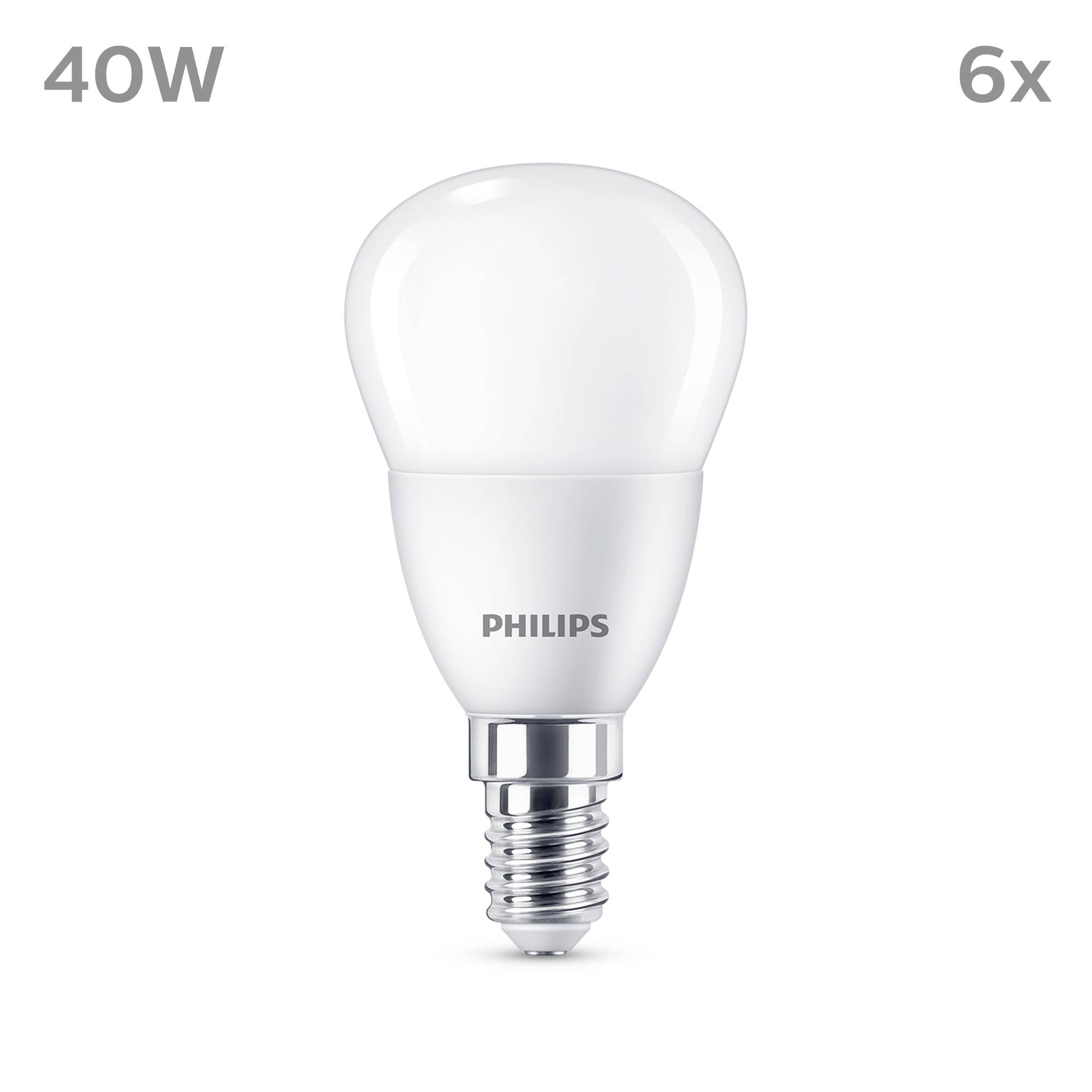 'Abbildung einer Philips LED-Glühbirne, 40W, E14-Fassung, 6er Packung. Energieeffiziente Beleuchtungslösung.'