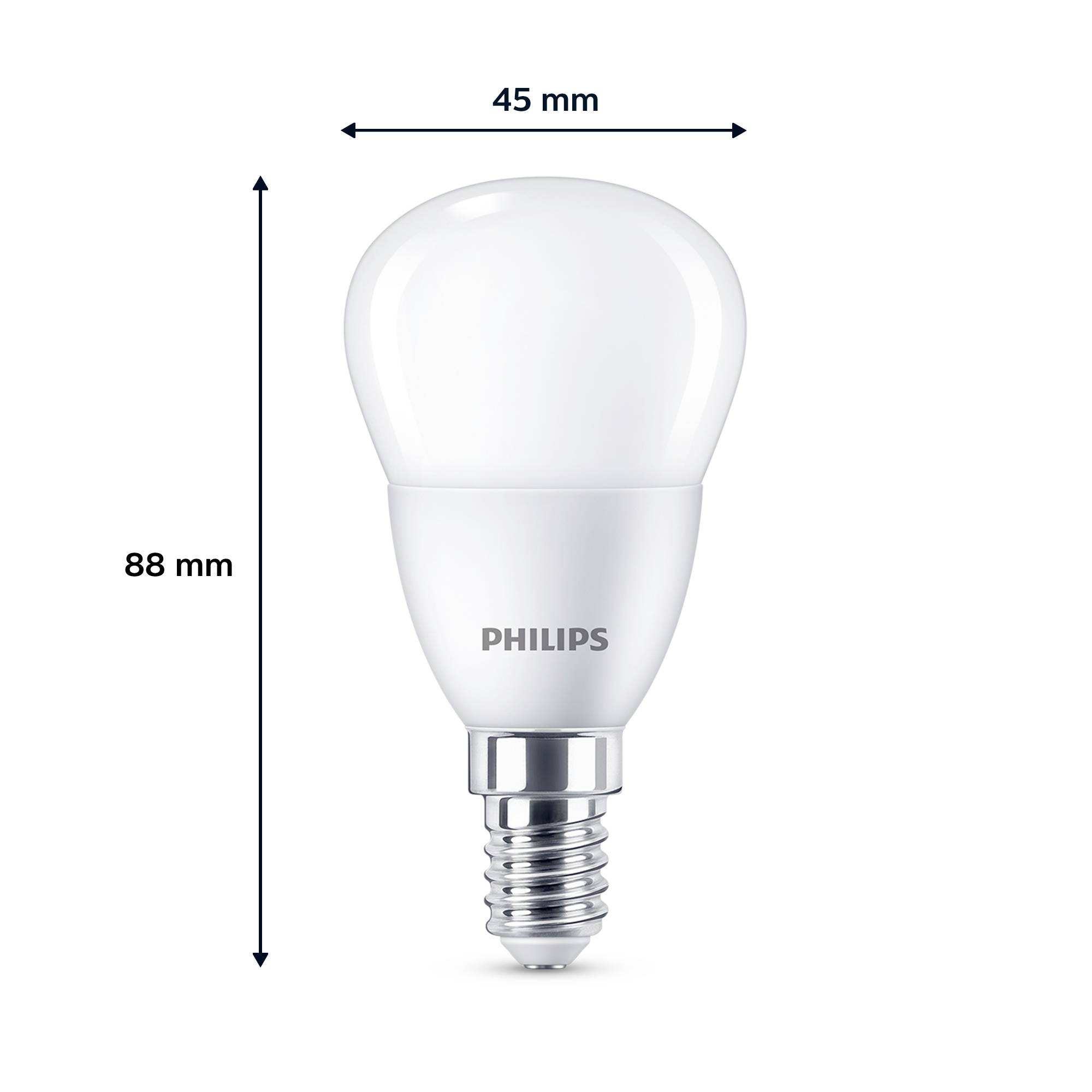 LED-Glühbirne mit E14-Sockel, Höhe 88 mm, Durchmesser 45 mm, Marke 'Philips'.