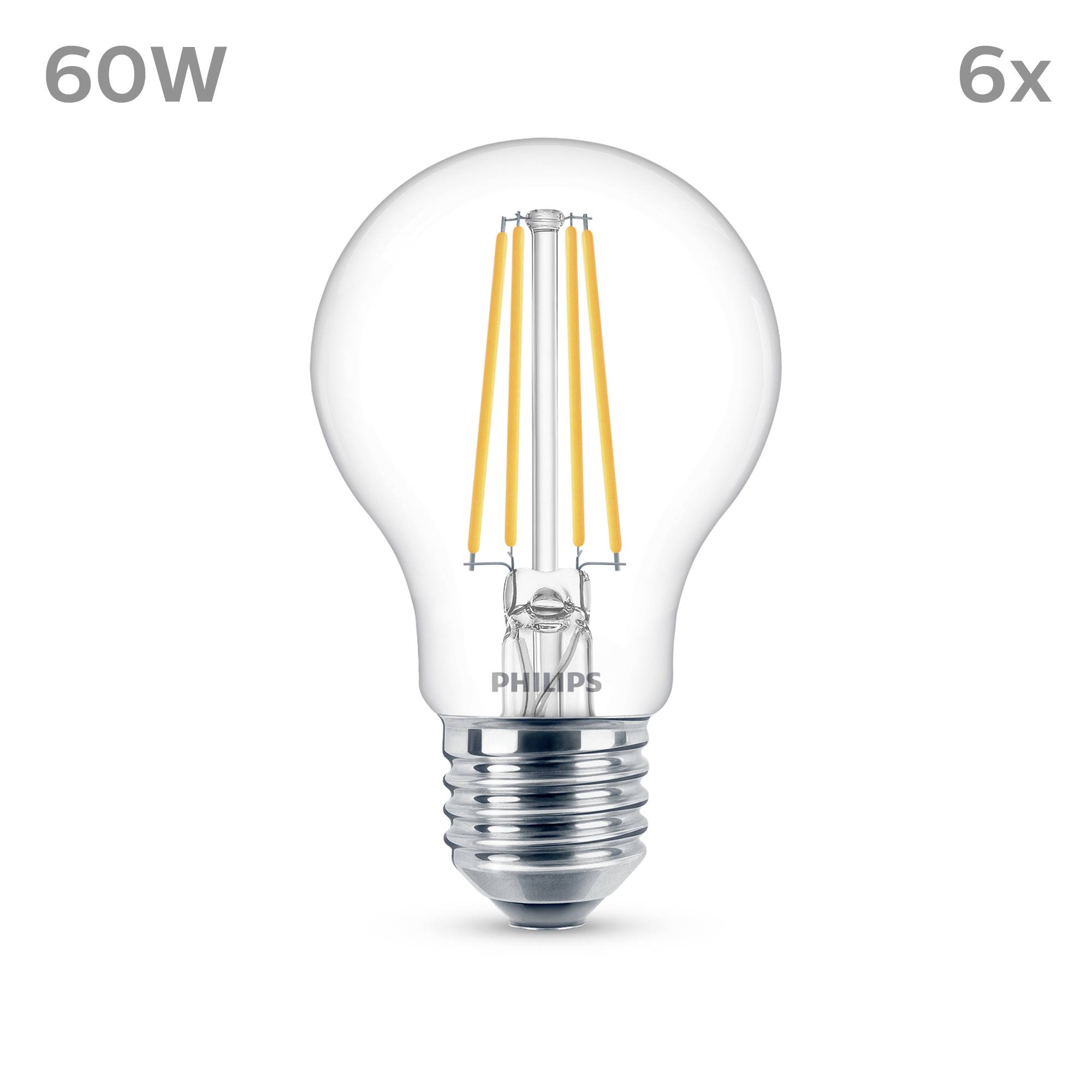 LED-Glühbirne von Philips, sichtbar sind die Filamente. Oben steht '60W' und '6x'. Die Fassung ist E27.