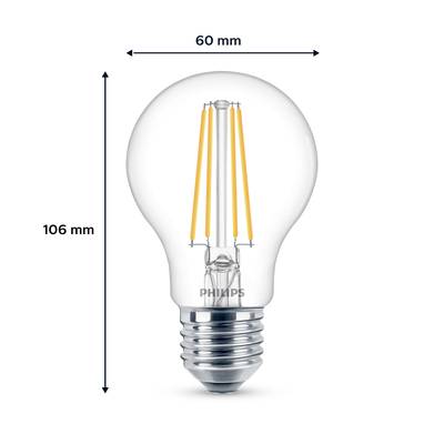 LED-Lampe von Philips, Birnenform. Maße: 60 mm Breite, 106 mm Höhe. Filament sichtbar, geeignet für allgemeine Beleuchtung.