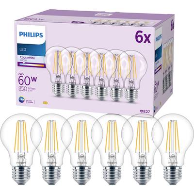Sechs Philips LED-Glühbirnen, 7W, 60W Äquivalent, 850 Lumen, E27 Sockel, kühles Weißlicht, Verpackung im Hintergrund.