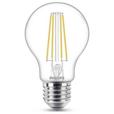 Eine klare Glühbirne mit sichtbaren LED-Filamenten, die klassische Glühfadenlampen imitiert; Markenname unten aufgedruckt.