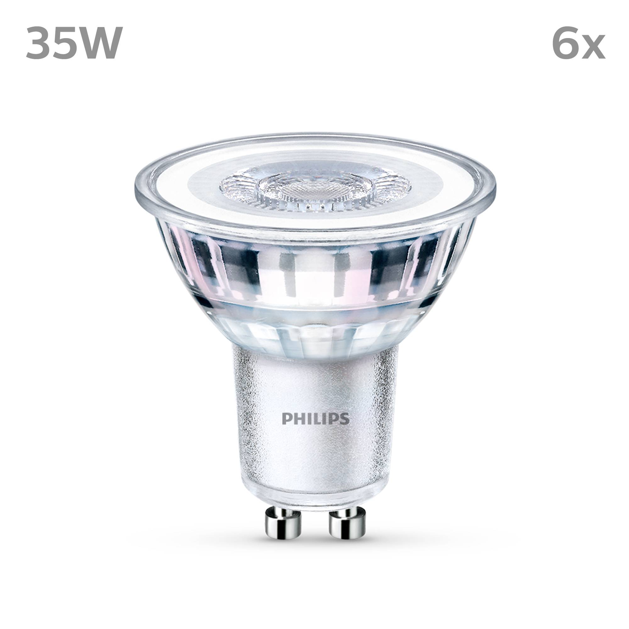 'Philips LED-Spot 35W, 6er-Pack.' Ein LED-Leuchtmittel in Nahaufnahme, mit metallener Fassung und klarem Glaskorpus, geeignet für GU10-Sockel.