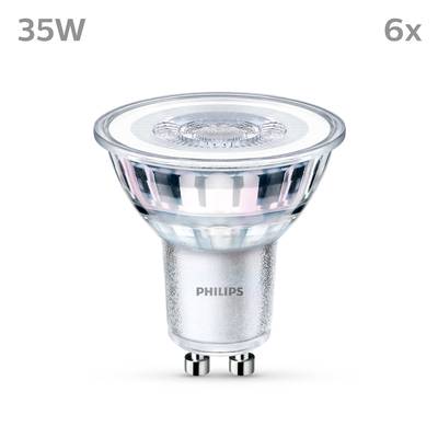 'Philips LED-Spot 35W, 6er-Pack.' Ein LED-Leuchtmittel in Nahaufnahme, mit metallener Fassung und klarem Glaskorpus, geeignet für GU10-Sockel.