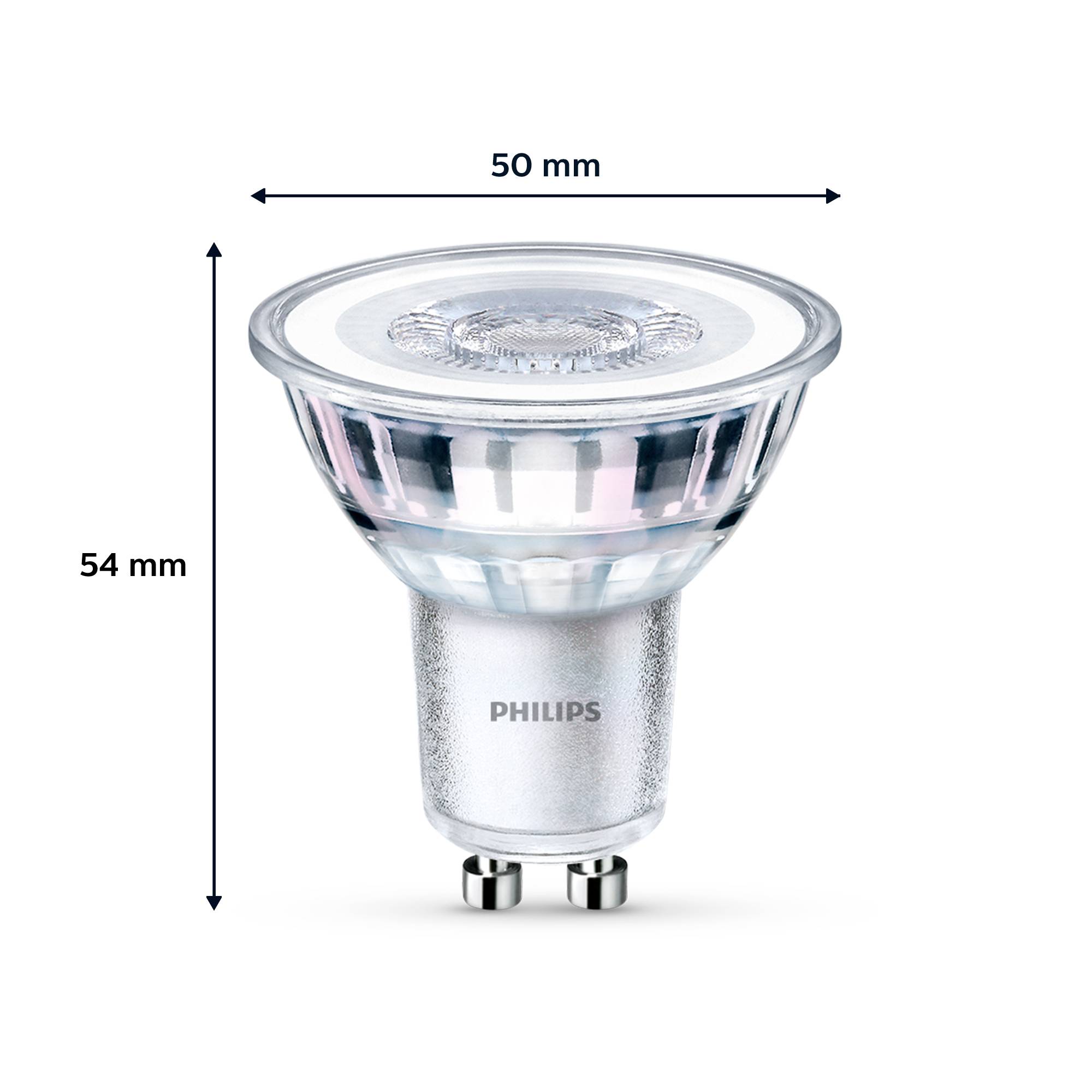 LED-Spotlampe von Philips, GU10-Sockel. Maße: 54 mm Höhe, 50 mm Durchmesser.