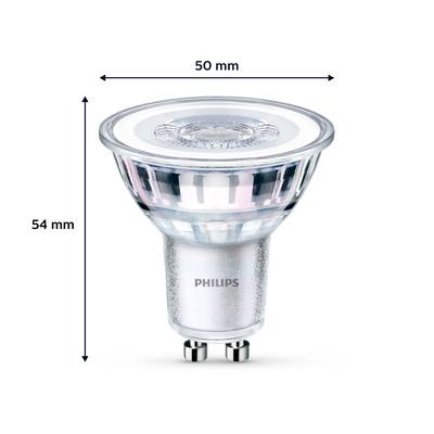 LED-Spotlampe von Philips, GU10-Sockel. Maße: 54 mm Höhe, 50 mm Durchmesser.