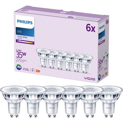 Sechs LED-Glühbirnen von Philips mit 35 Watt und 275 Lumen, Lichtfarbe "Cool White" 4000K, in einer lilafarbenen Verpackung.