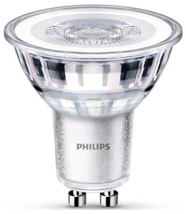 LED-Glühbirne von Philips mit GU10-Sockel, geeignet für energieeffiziente Beleuchtung, zylindrische Form mit klarem Glas.