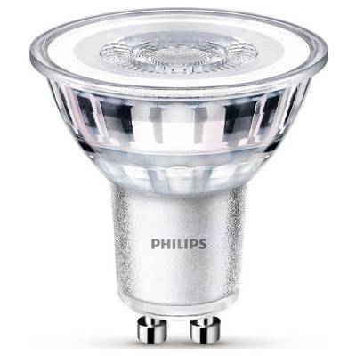LED-Glühbirne von Philips mit GU10-Sockel, geeignet für energieeffiziente Beleuchtung, zylindrische Form mit klarem Glas.