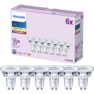 Sechs LED-Philips-Glühbirnen GU10, warmweiß, 35 Watt, 255 Lumen, energieeffizient, in Verpackung dargestellt.
