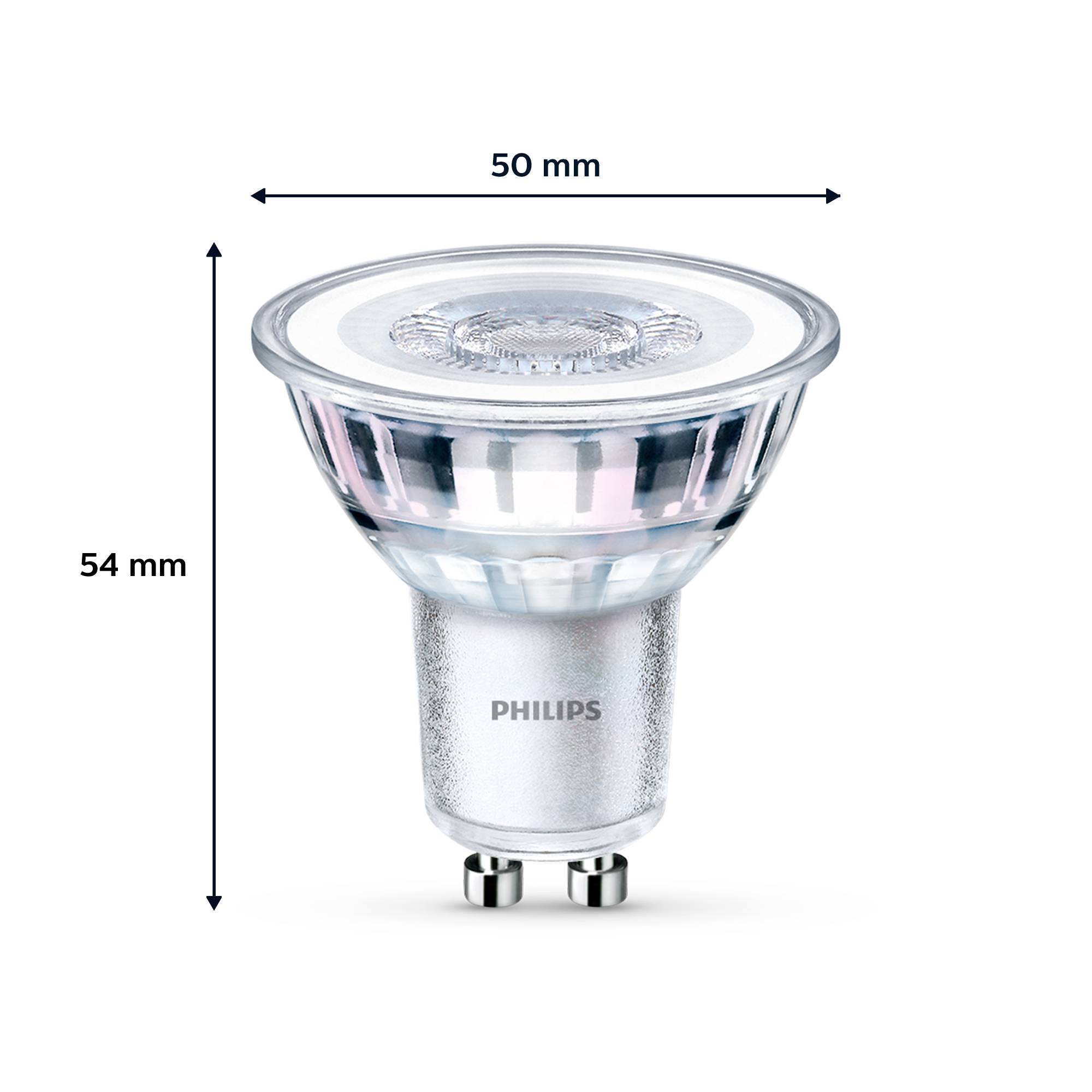 Eine LED-Glühbirne von Philips mit GU10-Sockel. Abmessungen: 50 mm Durchmesser, 54 mm Höhe. Ideal für energieeffiziente Beleuchtung.